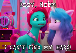 Size: 1194x826 | Tagged: safe, edit, edited screencap, screencap, izzy moonbow, jazz hooves, earth pony, pony, unicorn, g5, mane smelody, my little pony: make your mark, my little pony: make your mark chapter 5, spoiler:g5, spoiler:my little pony: make your mark, spoiler:my little pony: make your mark chapter 5, spoiler:mymc05e05, caption, cropped, cute, dialogue, duo, duo female, female, image macro, jazz has no ears, jazzibetes, mane melody (location), meme, no ears, text