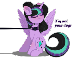 Size: 4635x3645 | Tagged: safe, artist:lunerymish, oc, oc only, oc:twivine sparkle, alicorn, pony, base used, blushing, collar, cross-popping veins, emanata, eyes closed, female, leash, mare, pet play, simple background, sitting, solo, transparent background, turned head