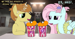 Size: 1360x711 | Tagged: safe, feather bangs, kerfuffle, earth pony, pegasus, pony, g4, /mlp/ tf2 general, bucket of chicken, chicken meat, cutie mark crusaders patch, dialogue, duo, female, food, fried chicken, male, mare, meat, ponies wanting to eat meat, scootachicken, scout (tf2), stallion, team fortress 2, text