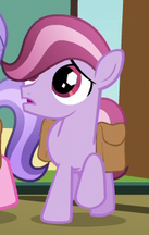 Size: 137x216 | Tagged: safe, screencap, cloudy spinel, lavender bunch, crystal pony, pony, g4, uncommon bond, bag, colt, cute, foal, male, open mouth, raised hoof, saddle bag