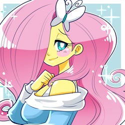 Size: 2000x2000 | Tagged: safe, artist:eemapso, fluttershy, human, g4, big hair, blush sticker, blushing, bust, clothes, cute, hair over one eye, high res, humanized, lidded eyes, looking at you, off shoulder, passepartout, pony coloring, shyabetes, smiling, smiling at you, solo, white pupils