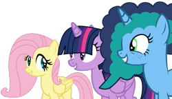 Size: 1225x705 | Tagged: safe, artist:n0va-bases, artist:twilyisbestpone, fluttershy, misty brightdawn, twilight sparkle, alicorn, pegasus, pony, unicorn, g4, g5, base used, cute, female, g5 to g4, generation leap, mare, misty and her heroine, mistybetes, simple background, smiling, transparent background, trio, trio female, twilight sparkle (alicorn), two toned mane