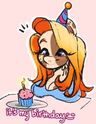 Size: 1007x1302 | Tagged: safe, artist:paintedcora, oc, oc only, oc:painted cora, anthro, birthday, birthday candles, blush sticker, blushing, breast rest, breasts, busty oc, cleavage, cupcake, eye clipping through hair, food, hat, party hat, pink background, simple background, smiling, solo