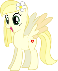 Size: 852x1038 | Tagged: safe, artist:tankman, oc, oc only, oc:daisy heart, pegasus, pony, daisy (flower), flower, green eyes, happiness, happy, looking at you, open mouth, pegasus oc, simple background, smiling, solo, spread wings, transparent background, wings, yellow mane, yellow skin