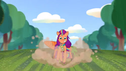 Size: 3072x1727 | Tagged: safe, screencap, sunny starscout, earth pony, pony, attack of the bunnisus, g5, my little pony: tell your tale, spoiler:g5, spoiler:my little pony: tell your tale, spoiler:tyts01e61, carrot, female, food, grin, mare, smiling, solo