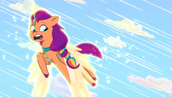 Size: 3072x1727 | Tagged: safe, screencap, sunny starscout, alicorn, pony, attack of the bunnisus, g5, my little pony: tell your tale, spoiler:g5, spoiler:my little pony: tell your tale, spoiler:tyts01e61, female, flying, mare, open mouth, race swap, solo, spread wings, sunnycorn, wings