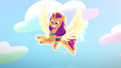 Size: 3072x1727 | Tagged: safe, screencap, sunny starscout, alicorn, pony, attack of the bunnisus, g5, my little pony: tell your tale, spoiler:g5, spoiler:my little pony: tell your tale, spoiler:tyts01e61, female, flying, grin, mare, race swap, smiling, solo, spread wings, sunnycorn, wings