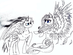 Size: 960x720 | Tagged: safe, artist:hysteriana, pegasus, pony, blue eyes, crossover, crowfeather, duo, duo male and female, feather, feathered wings, feathertail, female, flying, folded wings, love, male, old art, ponified, romantic, simple background, spread wings, torn ear, warrior cats, white background, wings