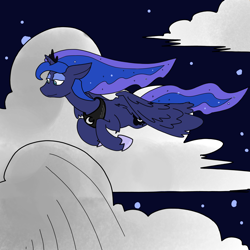 Size: 3508x3508 | Tagged: safe, artist:ponny, princess luna, alicorn, pony, g4, cloud, colored, flying, high res, night, solo, spread wings, stars, wings