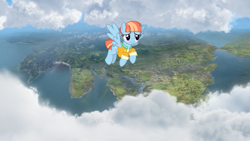 Size: 1919x1079 | Tagged: safe, artist:cloudy glow, windy whistles, pegasus, pony, g4, female, flying, island of sodor, mare, smiling, solo, spread wings, thomas and friends, thomas the tank engine, wings