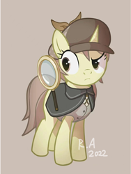 Size: 1084x1440 | Tagged: safe, artist:raineve, oc, oc only, pony, unicorn, deerstalker, detective, hat, magnifying glass, simple background, solo, standing