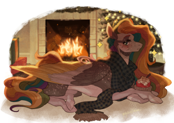 Size: 2400x1700 | Tagged: safe, artist:yuyusunshine, oc, oc only, oc:colour drop, pegasus, pony, blushing, christmas, christmas tree, clothes, colored wings, concave belly, countershading, female, fire, fireplace, holiday, large wings, lying down, mare, multicolored wings, pegasus oc, present, prone, scarf, simple background, slender, solo, striped scarf, thin, transparent background, tree, wings