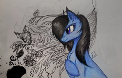 Size: 2560x1651 | Tagged: safe, artist:hysteriana, oc, oc only, oc:zira, butterfly, earth pony, pony, abstract background, brushie, earth pony oc, flower, old art, request, solo, traditional art, violet eyes