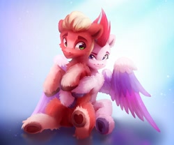 Size: 2428x2021 | Tagged: safe, artist:itssim, sprout cloverleaf, zipp storm, earth pony, pegasus, pony, g5, adorazipp, cute, duo, duo male and female, eyebrows, female, fluffy, high res, hoof heart, hug, male, mare, sitting, spread wings, sproutbetes, sproutlove, stallion, underhoof, unshorn fetlocks, wings