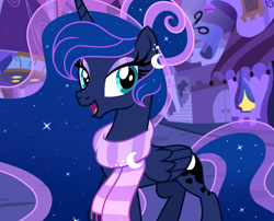 Size: 1338x1080 | Tagged: safe, artist:cstrawberrymilk, princess luna, alicorn, pony, g4, canterlot, clothes, concave belly, cute, ear piercing, earring, ethereal mane, ethereal tail, eyelashes, eyeshadow, female, folded wings, jewelry, long mane, looking at you, lunabetes, makeup, mare, night, open mouth, outdoors, piercing, quadrupedal, scarf, show accurate, slender, solo, standing, striped scarf, tail, thin, wings