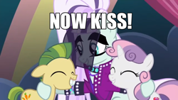 Size: 1366x768 | Tagged: safe, edit, edited screencap, screencap, carrot crunch, coloratura, sweetie belle, earth pony, pony, unicorn, g4, the mane attraction, bucktooth, caption, colt, countess coloratura, cute, eyes closed, female, filly, foal, grin, hug, image macro, impact font, implied shipping, male, mare, meme, now kiss, shipper on deck, smiling, text, trio