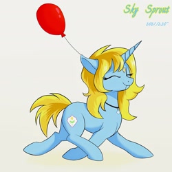 Size: 2480x2480 | Tagged: artist needed, source needed, safe, oc, oc:sky sprout, pony, unicorn, 2021, balloon, eyes closed, happy, high res, mouth hold, smiling, solo