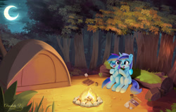Size: 2001x1280 | Tagged: safe, artist:darksly, minuette, oc, oc:laser shine, pegasus, pony, unicorn, g4, bonfire, campfire, camping, commission, duo, duo female, female, fire, forest, horn, mare, moon, night, pegasus oc, s'mores, ship:minushine, tent