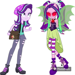 Size: 1080x1080 | Tagged: safe, artist:fireluigi29, artist:mixiepie, edit, edited screencap, editor:cutler1228, screencap, aria blaze, starlight glimmer, human, equestria girls, g4, my little pony equestria girls: better together, my little pony equestria girls: rainbow rocks, angry, background removed, bad edit, beanie, boots, clothes, duo, female, hat, pants, red eyes, ripped pants, shirt, shoes, simple background, skirt, smiling, smirk, teenager, torn clothes, transparent background, vest