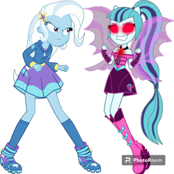 Size: 1080x1080 | Tagged: safe, artist:mixiepie, edit, edited screencap, editor:cutler1228, screencap, sonata dusk, trixie, human, equestria girls, g4, my little pony equestria girls: better together, my little pony equestria girls: rainbow rocks, angry, boots, clothes, duo, evil smile, female, frown, glare, grin, hair, hairclip, hoodie, leaning forward, ponytail, red eyes, shoes, simple background, skirt, smiling, socks, sweater, teenager, transparent background, zipper