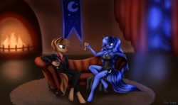 Size: 2986x1762 | Tagged: safe, artist:pony-stark, princess luna, oc, alicorn, unicorn, anthro, g4, clothes, couch, dress, duo, fire, fireplace, glass, looking at each other, looking at someone, sitting, wine glass
