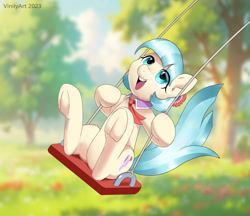 Size: 2548x2200 | Tagged: safe, artist:vinilyart, artist:vinilyart_d, coco pommel, earth pony, pony, g4, blurry background, cocobetes, cute, female, frog (hoof), happy, high res, hoofbutt, mare, open mouth, open smile, outdoors, signature, smiling, solo, swing, swinging, underhoof