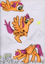 Size: 3953x5602 | Tagged: safe, artist:ja0822ck, oc, oc only, pegasus, pony, eating, eyes closed, female, flower, flying, herbivore, horses doing horse things, landing, landing gear, mare, not scootaloo, solo, traditional art, wat