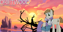 Size: 2064x1049 | Tagged: safe, artist:cheezedoodle96, artist:not-yet-a-brony, maud pie, mudbriar, earth pony, pony, g4, 2023, beach, cloud, driftwood, duo, female, hug, lyrics in the description, male, mare, ocean, rock, september, ship:maudbriar, shipping, smiling, song in the description, song reference, stallion, straight, sun, translated in the description, tree, tree branch, water, when he smiles, when she smiles, youtube link in the description
