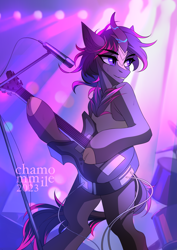 Size: 2833x4000 | Tagged: safe, artist:chamommile, oc, oc only, oc:record burner, kirin, blurry background, clothes, ear fluff, electric guitar, full body, gray coat, guitar, horn, kirin oc, looking at each other, looking at someone, male, microphone, musical instrument, purple background, purple eyes, rock, rockstar, simple background, smiling, solo, two toned mane