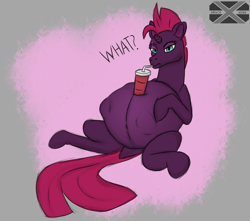 Size: 2806x2480 | Tagged: safe, artist:xenopony456, fizzlepop berrytwist, tempest shadow, pony, unicorn, g4, abdominal bulge, belly, belly bumps, belly button, big belly, broken horn, butt, dock, drink, drinking, drinking straw, female, high res, horn, kick, kicking, looking at you, mare, pregest shadow, pregnant, sipping, sitting, solo, straw, tail