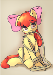 Size: 2480x3508 | Tagged: safe, artist:playful wings, apple bloom, earth pony, pony, g4, bow, cute, high res, lasso, mouth hold, rope, solo, tied up