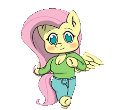 Size: 498x451 | Tagged: safe, artist:mranthony2, fluttershy, pegasus, anthro, unguligrade anthro, g4, animated, arm hooves, breasts, chibi, cleavage, clothes, cute, dancing, female, gif, idolmaster, mio honda, simple background, skipping, solo, step!, transparent background