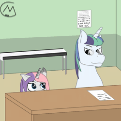 Size: 3200x3200 | Tagged: safe, artist:maître cervidé, oc, oc:arcana glyph, oc:snow flex, pony, unicorn, animated, bed, behind you, cute, desk, doctor, female, glasses, high res, i watch it for the ears, male, mare, not shining armor, not sweetie belle, silly, silly pony, stallion