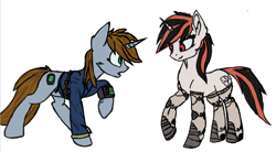 Size: 1232x682 | Tagged: safe, artist:fire ray, oc, oc only, oc:blackjack, oc:littlepip, pony, unicorn, fallout equestria, fallout equestria: project horizons, argument, simple background, together, white background