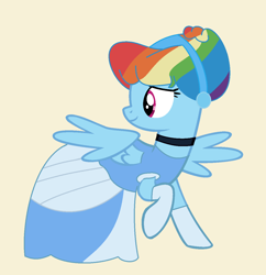 Size: 1214x1256 | Tagged: safe, artist:brightstar40k, rainbow dash, pegasus, pony, g4, alternate hairstyle, cinderella, clothes, dress, evening gloves, female, gloves, long gloves, mare, rainbow dash always dresses in style, simple background, smiling, solo, spread wings, wings