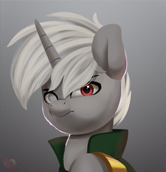 Size: 1991x2058 | Tagged: safe, artist:joaothejohn, oc, oc only, oc:hunter, pony, unicorn, fallout equestria, angry, blind eye, bust, clothes, commission, horn, jewelry, looking at you, male, portrait, raised hoof, ring, scar, solo, unicorn oc