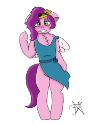 Size: 720x960 | Tagged: safe, artist:dawkinsdalmatian, pipp petals, pegasus, pony, semi-anthro, g5, apron, arm hooves, blushing, clothes, floppy ears, simple background, solo, white background