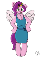 Size: 720x960 | Tagged: safe, artist:dawkinsdalmatian, pipp petals, pegasus, pony, semi-anthro, g5, apron, arm hooves, clothes, green eyes, one ear down, simple background, solo, white background