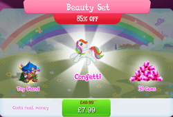 Size: 1264x858 | Tagged: safe, gameloft, idw, confetti (g1), earth pony, pony, g1, g4, my little pony: magic princess, balloon, beauty set, blushing, bow, bundle, bush, costs real money, english, female, gem, idw showified, mare, mobile game, numbers, sale, solo, tail, tail bow, text