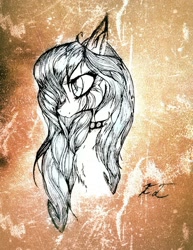 Size: 834x1080 | Tagged: safe, artist:hysteriana, oc, unnamed oc, pony, abstract background, chest fluff, collar, female, grunge, long hair, old art, sketch, solo, traditional art