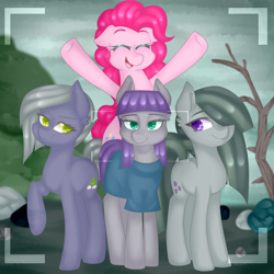 Size: 3000x3000 | Tagged: safe, artist:oniiponii, limestone pie, marble pie, maud pie, pinkie pie, earth pony, pony, g4, camera shot, clothes, cute, dress, eyes closed, female, group, happy, high res, mare, open mouth, open smile, outdoors, pie sisters, raised hoof, siblings, sisters, smiling, when she smiles