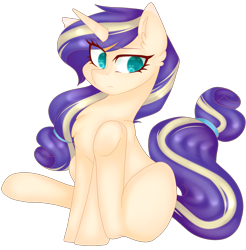 Size: 2895x2948 | Tagged: safe, artist:oniiponii, oc, oc only, pony, unicorn, chest fluff, eyelashes, female, high res, horn, magical lesbian spawn, mare, offspring, parent:applejack, parent:rarity, parents:rarijack, simple background, sitting, solo, transparent background, unicorn oc