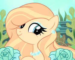 Size: 1342x1080 | Tagged: safe, artist:cstrawberrymilk, oc, oc:serena, pony, g4, bust, crepuscular rays, eyelashes, female, flower, flowing mane, jewelry, looking at you, mare, necklace, ocean, pearl necklace, portrait, seaweed, smiling, smiling at you, solo, sunlight, swimming, underwater, water