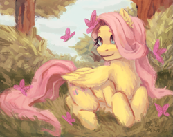 Size: 1541x1219 | Tagged: safe, artist:ワーム, fluttershy, butterfly, pegasus, pony, g4, beautiful, female, folded wings, forest, looking at something, looking up, lying down, mare, outdoors, prone, smiling, solo, tree, turned head, wings