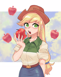 Size: 2436x3066 | Tagged: safe, artist:dalsegno, applejack, human, equestria girls, g4, apple, belt, clothes, cowboy hat, cowgirl, denim, denim skirt, eating, female, food, hat, high res, looking at you, open mouth, shirt, skirt, solo, stetson, teeth