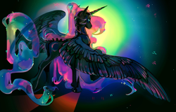 Size: 2560x1641 | Tagged: safe, artist:falkoshut, nightmare moon, alicorn, pony, g4, blue eyes, butt, crepuscular rays, digital art, ethereal mane, ethereal tail, feather, female, flowing mane, flowing tail, helmet, hoof shoes, horn, large wings, mare, moonlight, night, plot, raised hoof, slender, solo, sparkles, spread wings, starry mane, starry tail, stars, tail, thin, wings