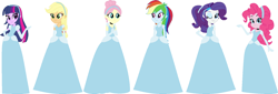 Size: 1652x561 | Tagged: safe, artist:erikomclaggen1892, artist:selenaede, applejack, fluttershy, pinkie pie, rainbow dash, rarity, twilight sparkle, human, equestria girls, g4, alternate hairstyle, applejack also dresses in style, base used, cinderella, clothes, dress, evening gloves, gloves, gown, humane five, humane six, long gloves, one eye closed, ponytail, rainbow dash always dresses in style, simple background, smiling, white background, wink