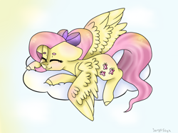 Size: 1600x1200 | Tagged: safe, artist:jorge-styx, fluttershy, pegasus, pony, g4, beanbrows, bow, cloud, cute, eyebrows, eyes closed, hair bow, lying down, lying on a cloud, on a cloud, shyabetes, solo, spread wings, wings