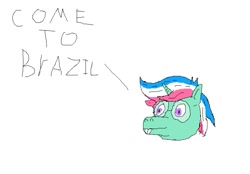 Size: 769x534 | Tagged: safe, artist:thetzar, oc, oc only, oc:endorsed, pony, unicorn, 1000 hours in ms paint, brazil, bucktooth, bust, crappy art, critique requested, nerd, simple background, solo, striped mane, white background, you're going to brazil