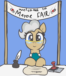 Size: 1760x2030 | Tagged: safe, artist:t72b, mayor mare, earth pony, pony, mare fair, g4, banner, cute, female, glasses, hooves on the table, ink, inkwell, looking at you, mare, mayorable, neckerchief, pun, quill, scroll, sitting, smiling, solo, stamp